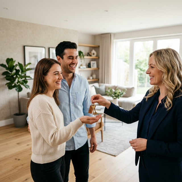 Estate agent handing keys to a happy couple